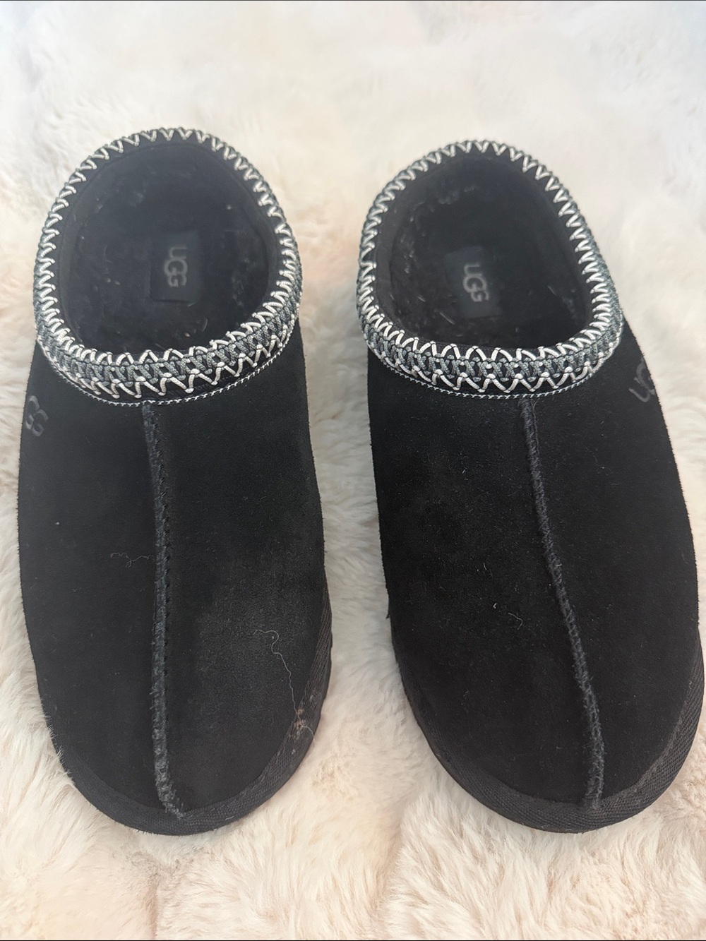 UGG Black Suede Slip-On Loafer Mules with Contrast Stitch Trim